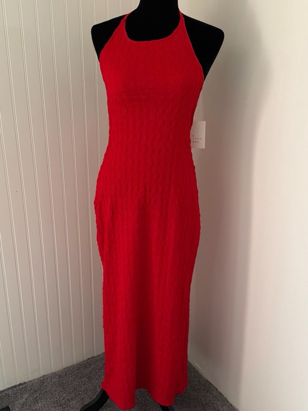 NWT Red Halter Smocked Midi Dress XS Stretch Bodycon
